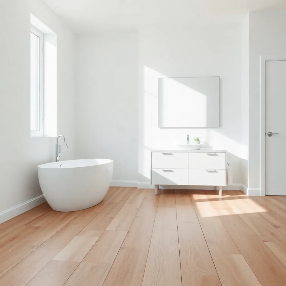 Biała łazienka z drewnianą podłogą