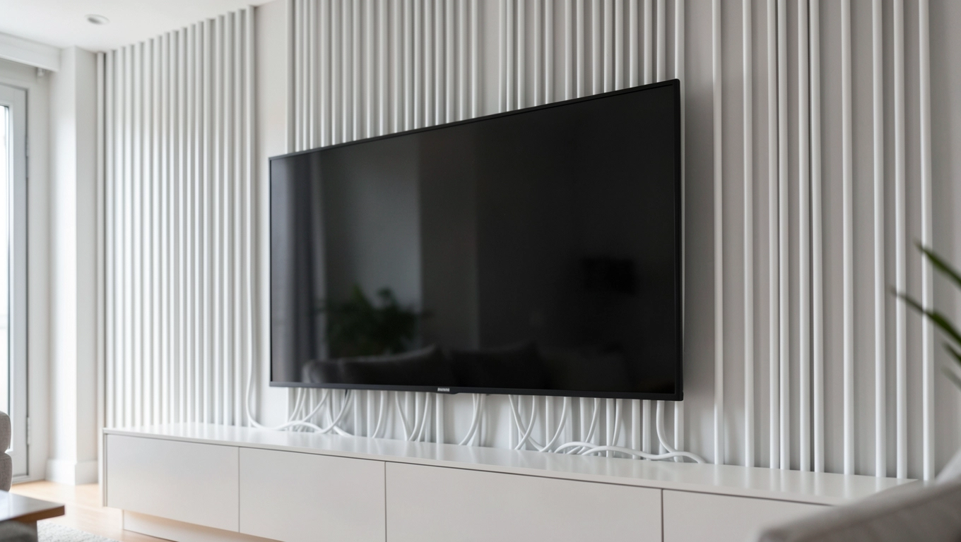 Białe lamele za telewizorem w salonie