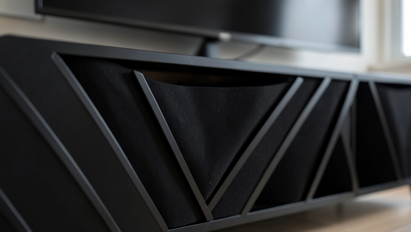 Czarne lamele przy szafce TV