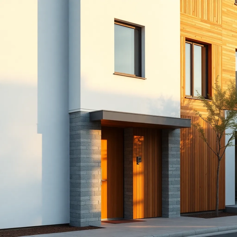 elewacja białoszara z drewnem