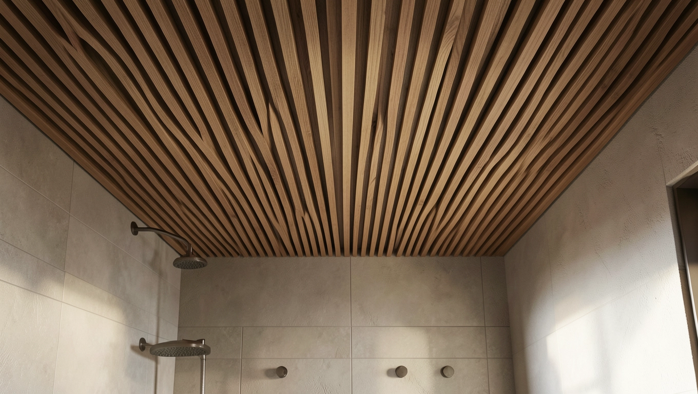 Inspiracje z lamelami na suficie łazienki