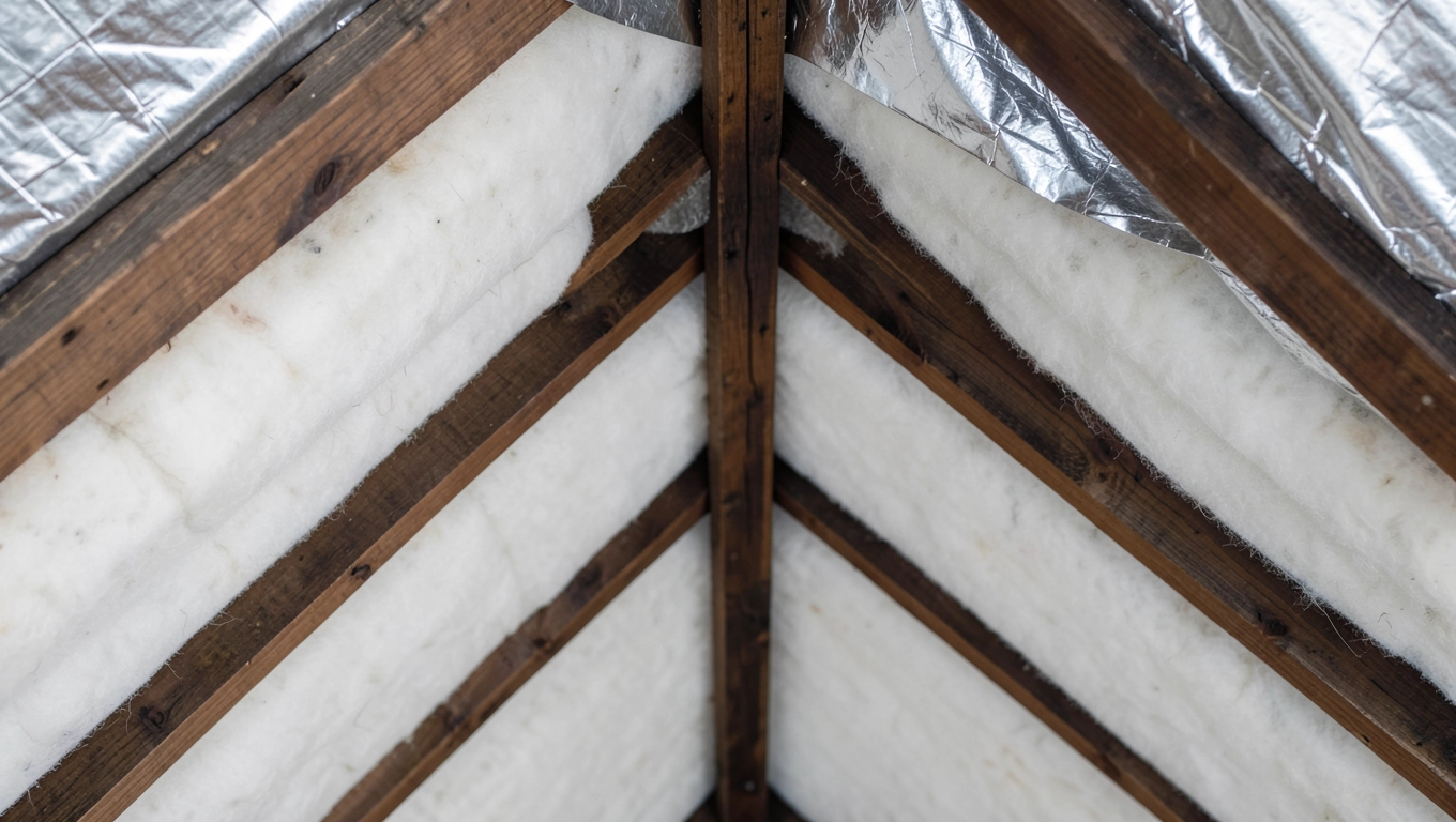 Izolacja wełną w przekroju dachu dwuspadowego
