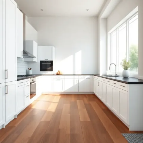 Biała kuchnia z czarnym blatem jaka podłoga