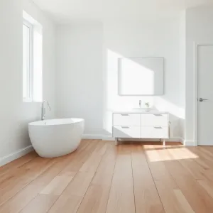 Biała łazienka z drewnianą podłogą
