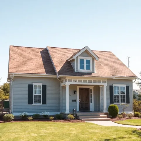 Dom z brązowym dachem i szara elewacja